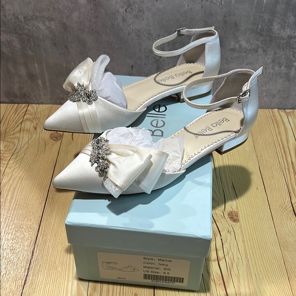 La Belle Satin Ivory Heels with Rhinestone Bow - Picture 2 of 7